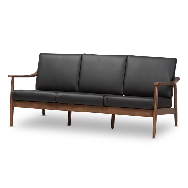 Venza Walnut Wood Black Faux Leather 3-Seater Sofa, Baxton Studio, Mfr#: 140-7554